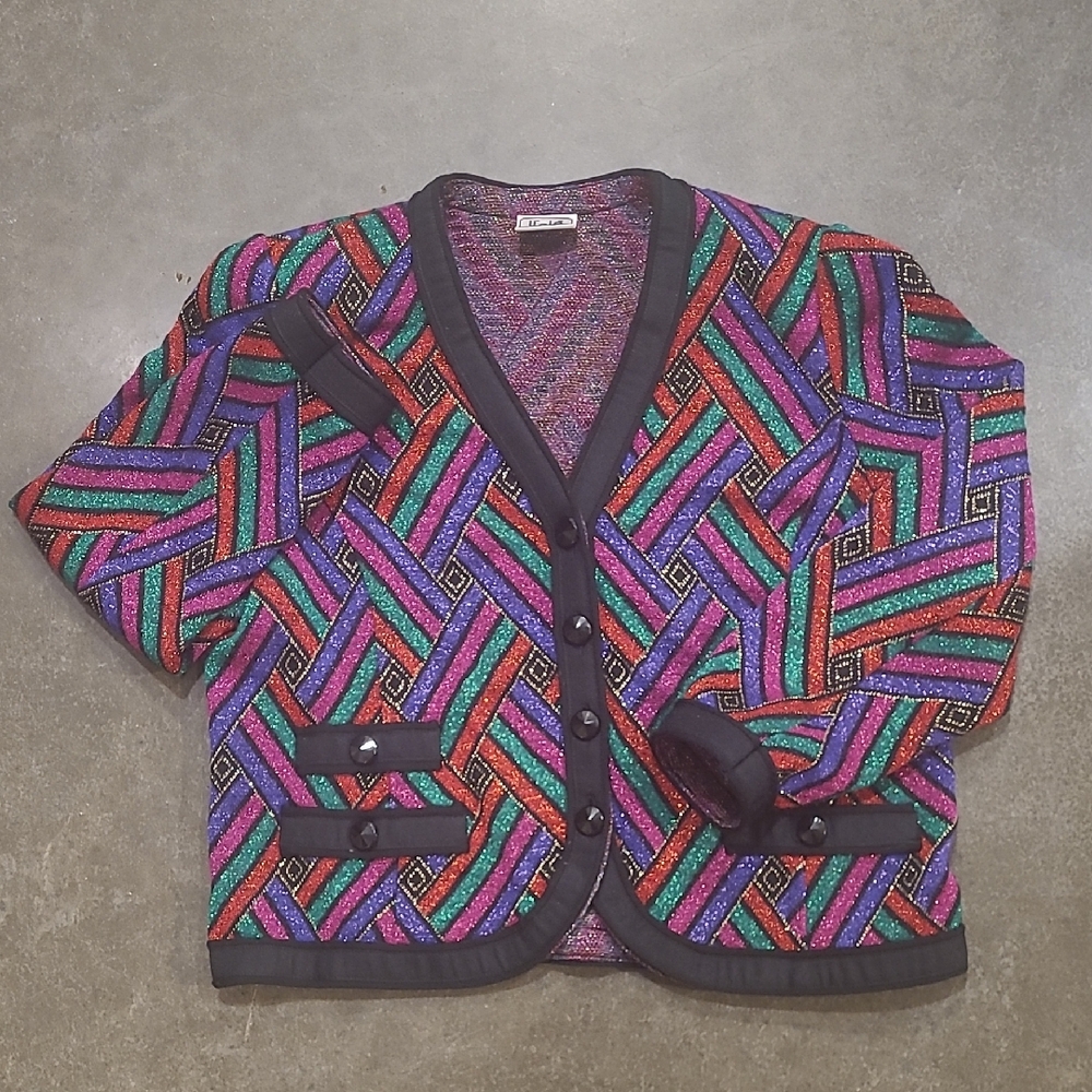 VINTAGE 80s LIOLA GEOMETRIC METALLIC PATTERNED CARDIGAN MADE IN ITALY